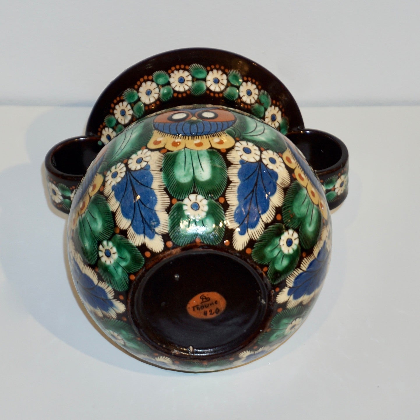 Antique Swiss Arts & Crafts Brown Green Blue Thoune Majolica Two Handled Vase