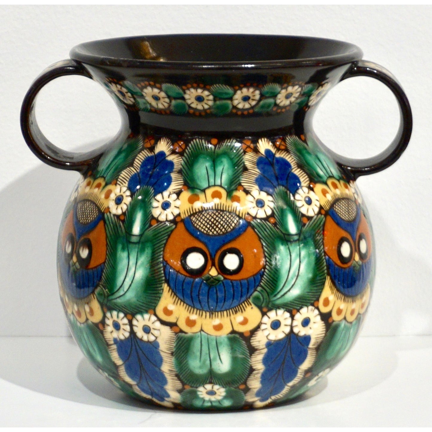 Antique Swiss Arts & Crafts Brown Green Blue Thoune Majolica Two Handled Vase