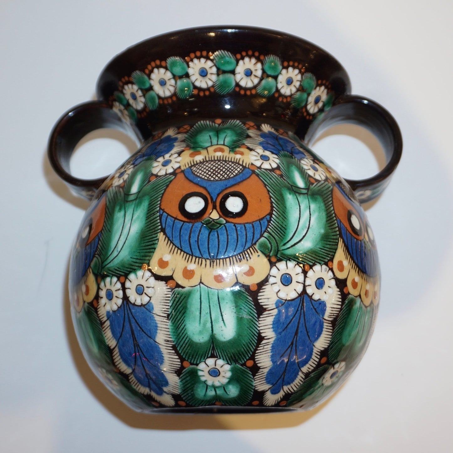 Antique Swiss Arts & Crafts Brown Green Blue Thoune Majolica Two Handled Vase