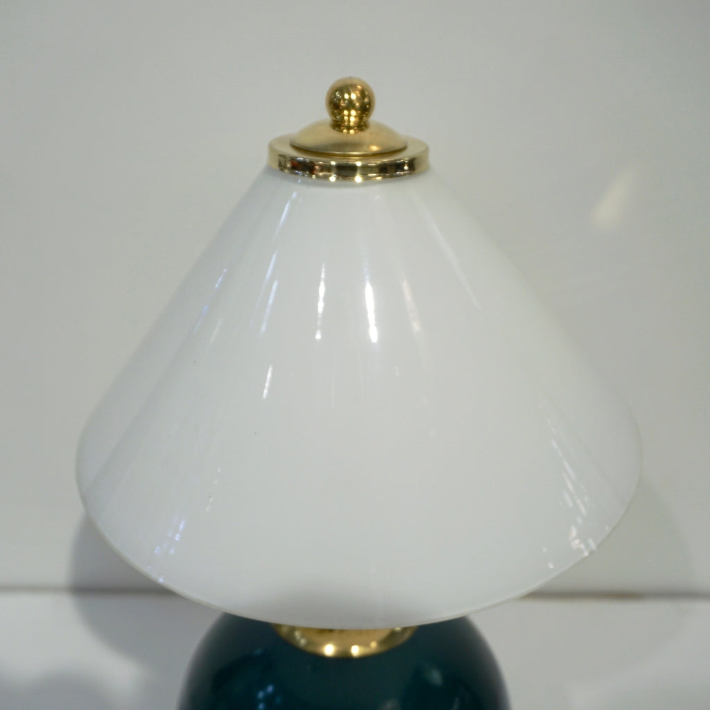 1980s Italian Vintage White & Jade Green Murano Glass Brass Desk / Table Lamps