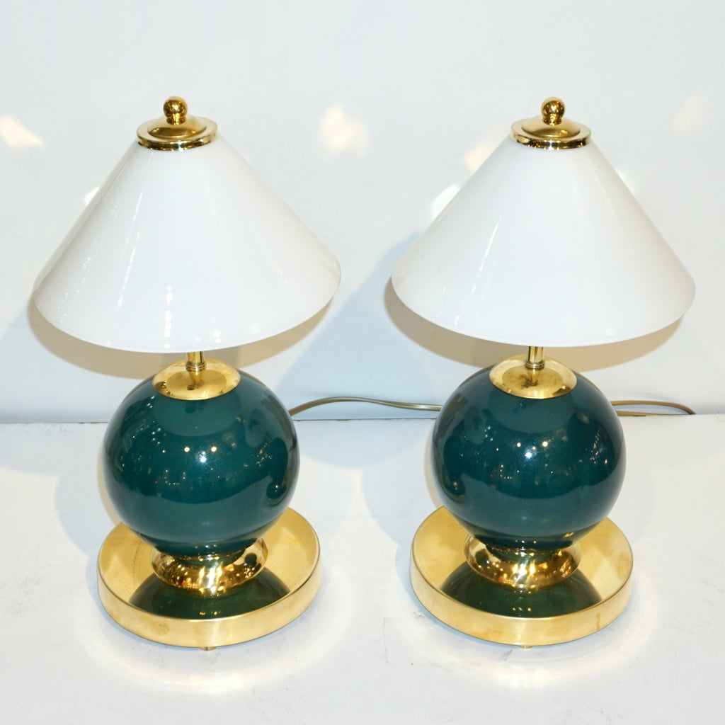 1980s Italian Vintage White & Jade Green Murano Glass Brass Desk / Table Lamps