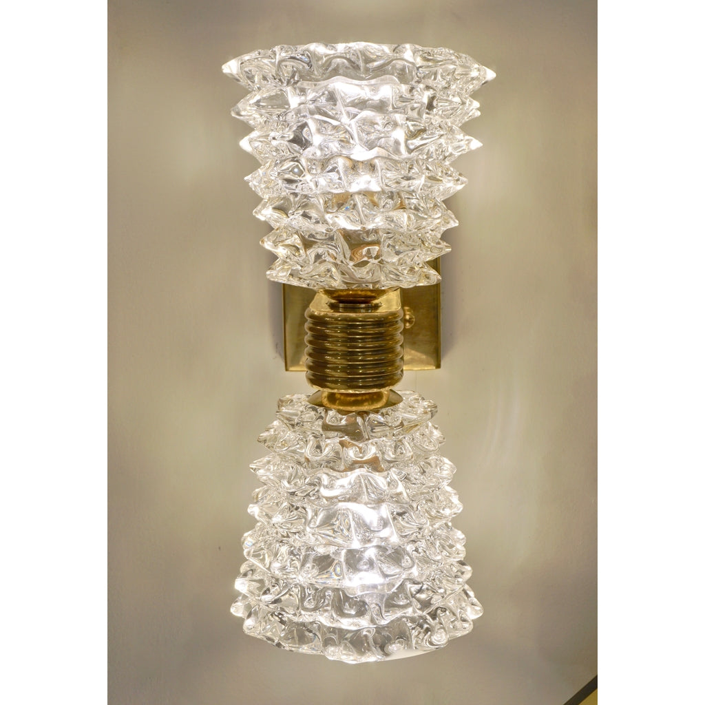 Contemporary Italian Rostrato Crystal Murano Glass & Brass Double-Lit Sconces