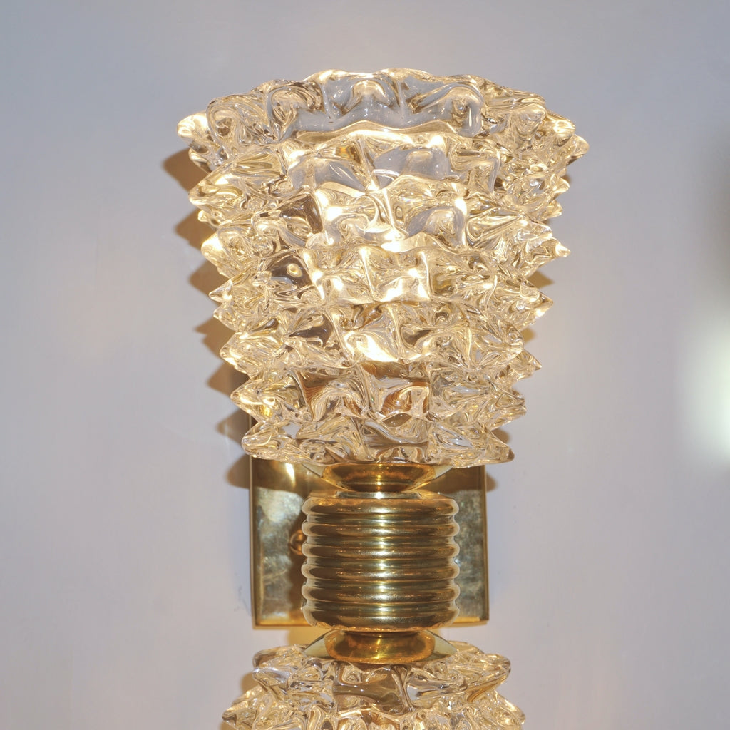 Contemporary Italian Rostrato Crystal Murano Glass & Brass Double-Lit Sconces