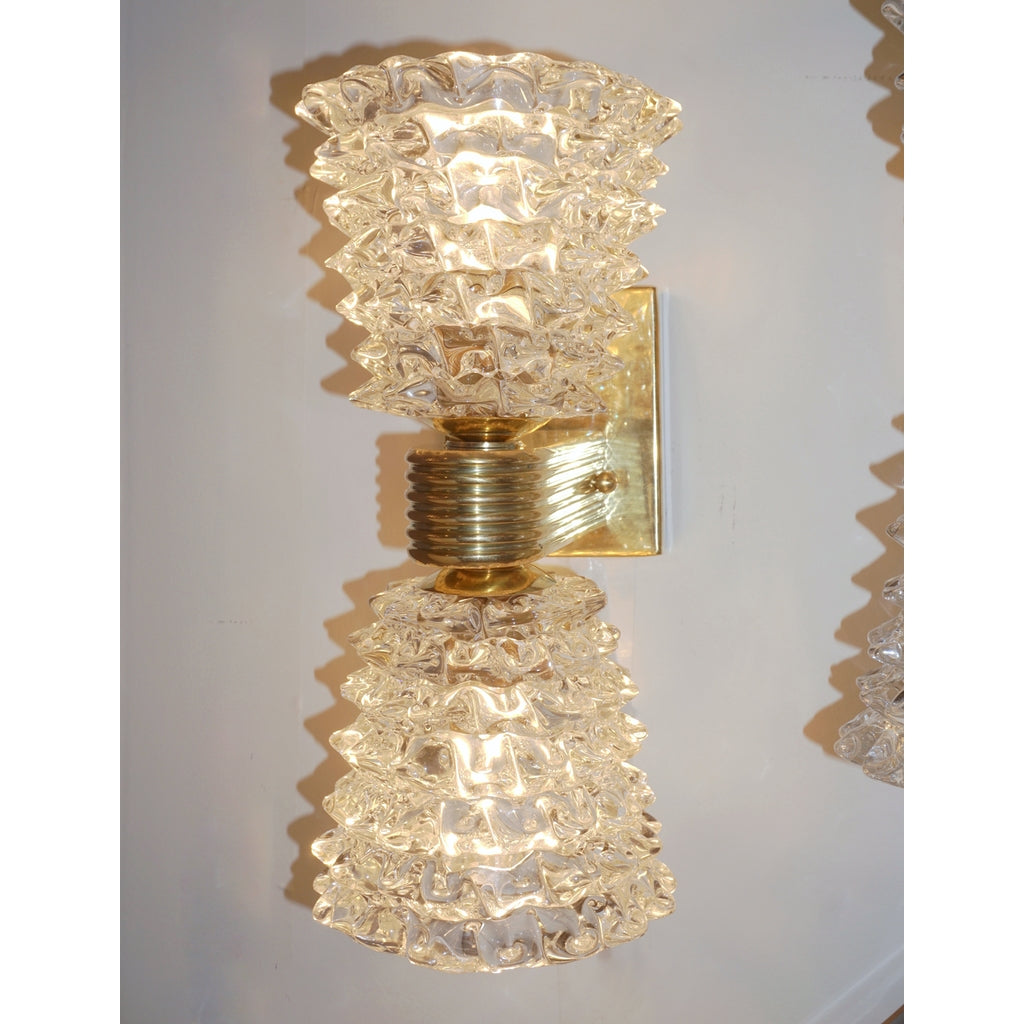 Contemporary Italian Rostrato Crystal Murano Glass & Brass Double-Lit Sconces