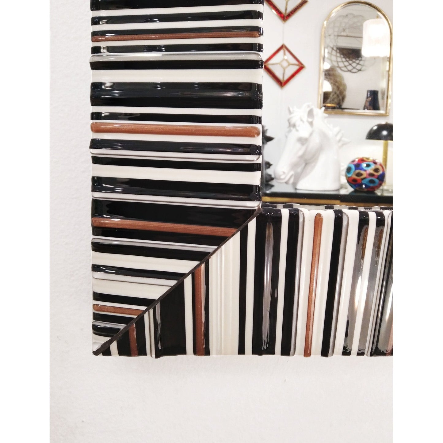 Contemporary Italian Black White Copper Geometric Murano Glass Modern Mirror
