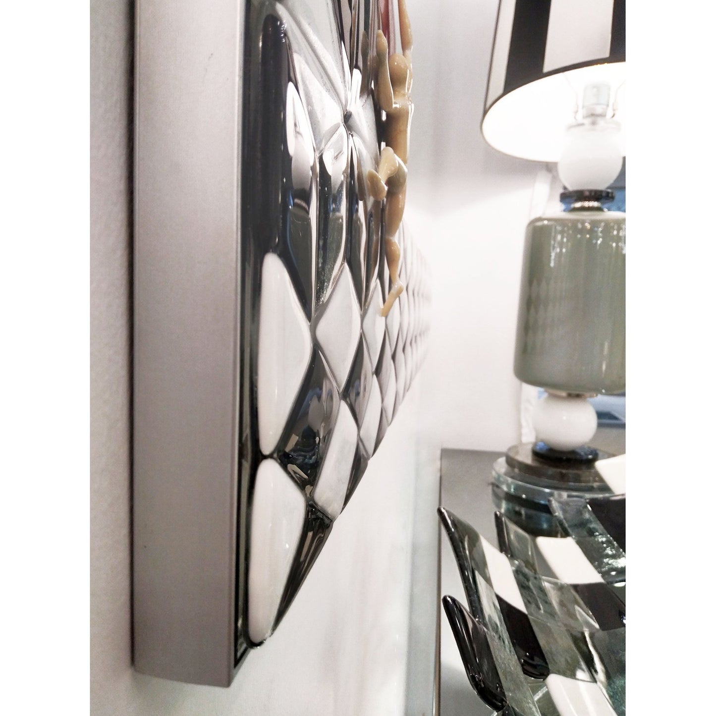Customizable Escher Inspired Italian Red Black White Smoked Murano Glass Satin Mirror