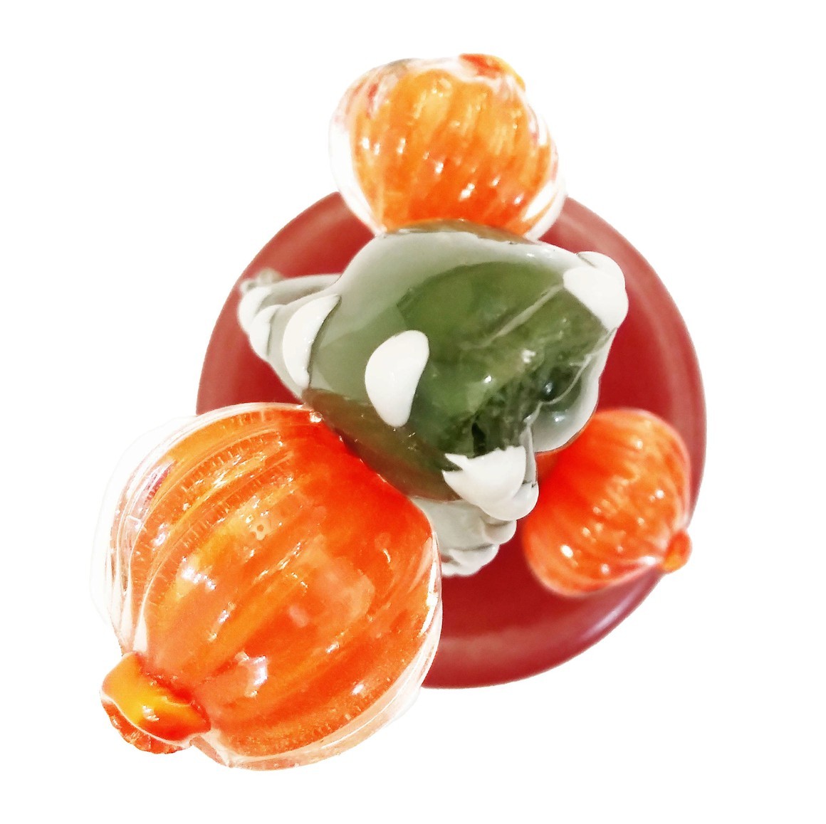 2000s Italian Moss Green Gold Murano Art Glass Cactus Plant with Orange Flowers