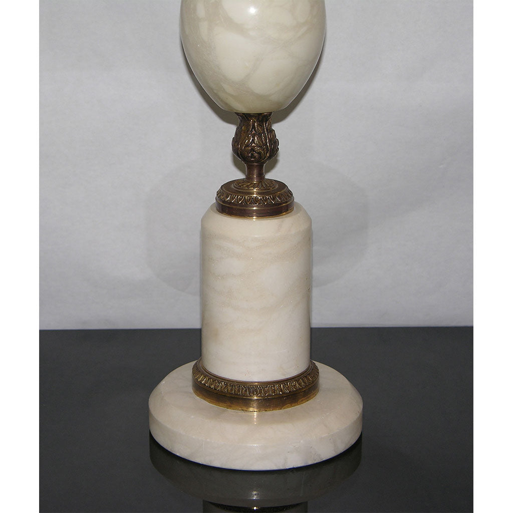 French Antique Art Deco Urn-Shape Chased Bronze White Marble Lamp & Linen Shade