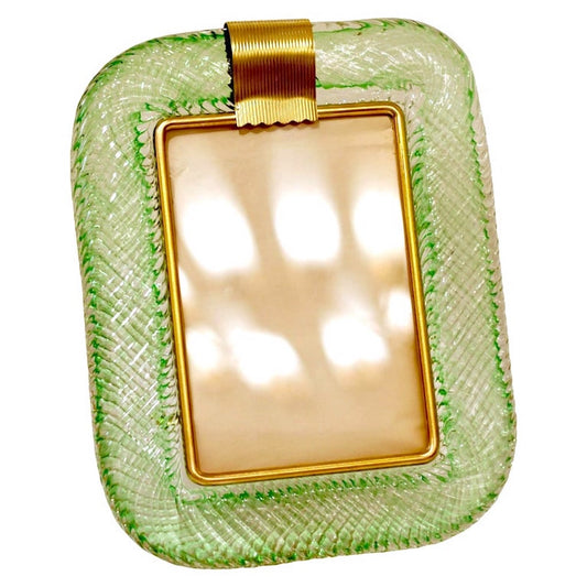 Venini 1980s Italian Vintage Emerald Green Murano Glass and Brass Picture Frame