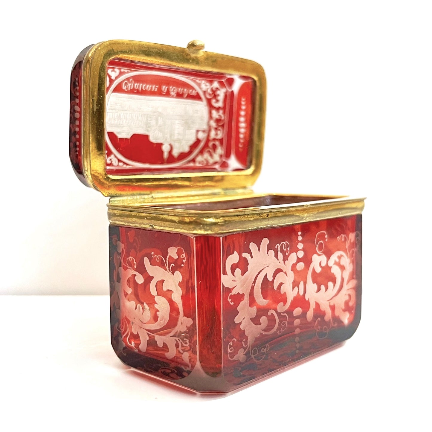 Antique Austrian Hinged Lid Ruby Red Bohemian Engraved Cut Crystal Trinket Box