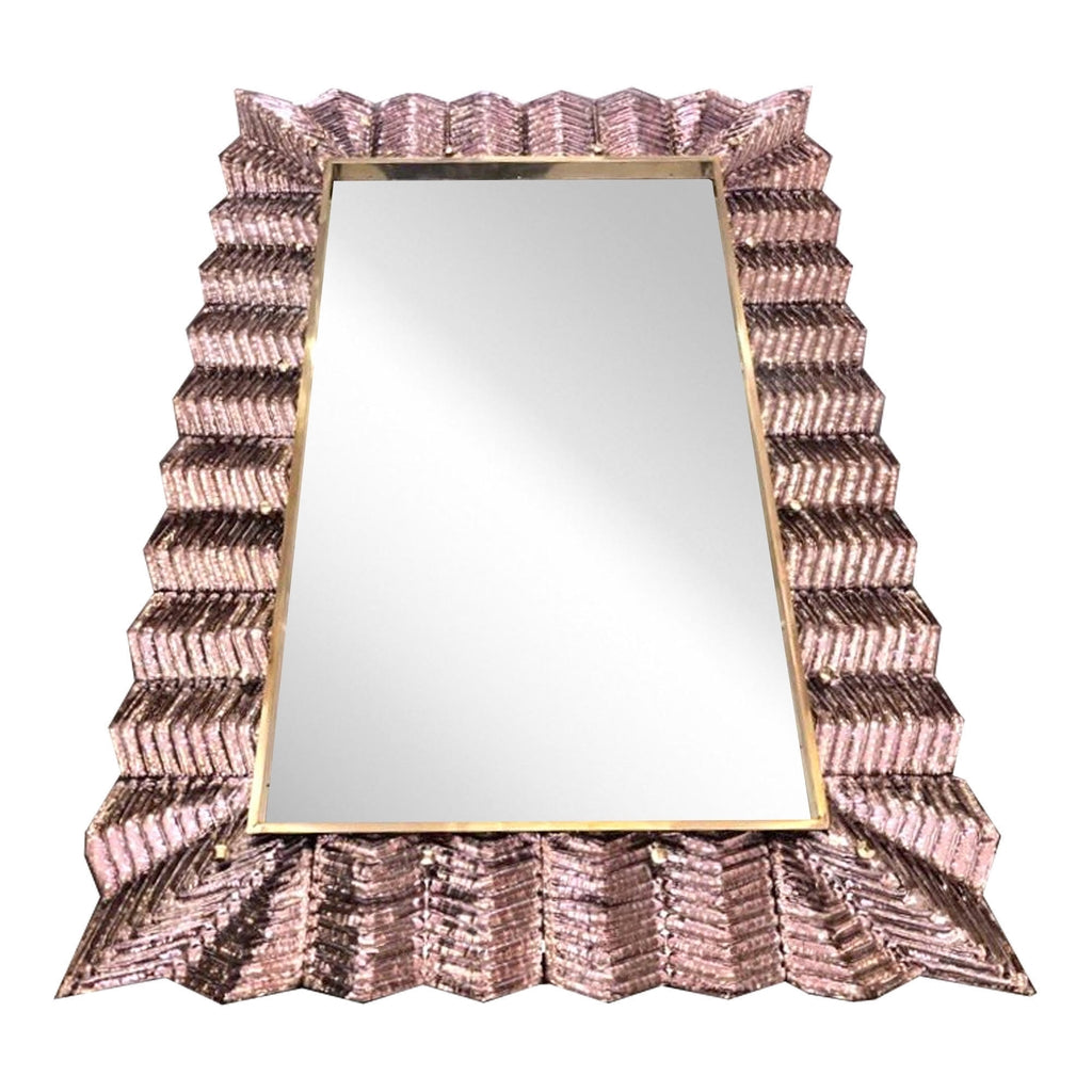 Bespoke Italian Art Deco Design Ruffled Silver Pink Murano Glass Brass Mirror