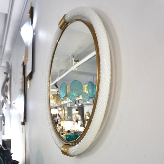 1990s Barovier Italian Milk White Twisted Murano Glass Modern Round Brass Mirror
