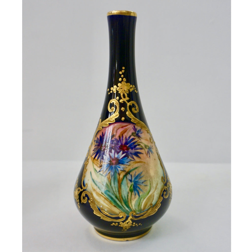 Limoges Porcelain 1930s Vintage French Pair of Cobalt Blue One Flower Vases