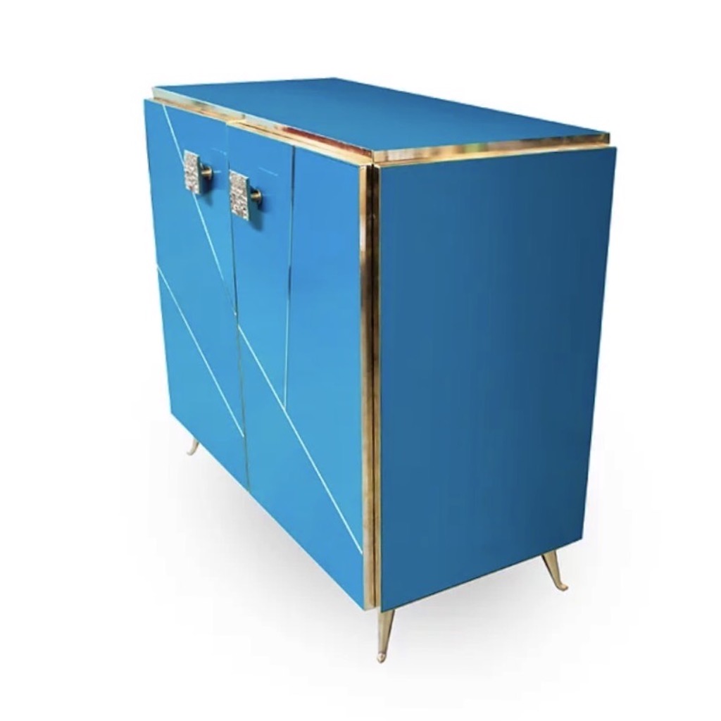 Bespoke Italian Abstract Branch Design 2-Door Turquoise Blue Glass Cabinet