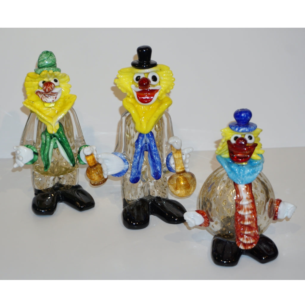 Modern Italian Yellow Black Murano Glass Clown Sculpture with Bottle & Blue Tie