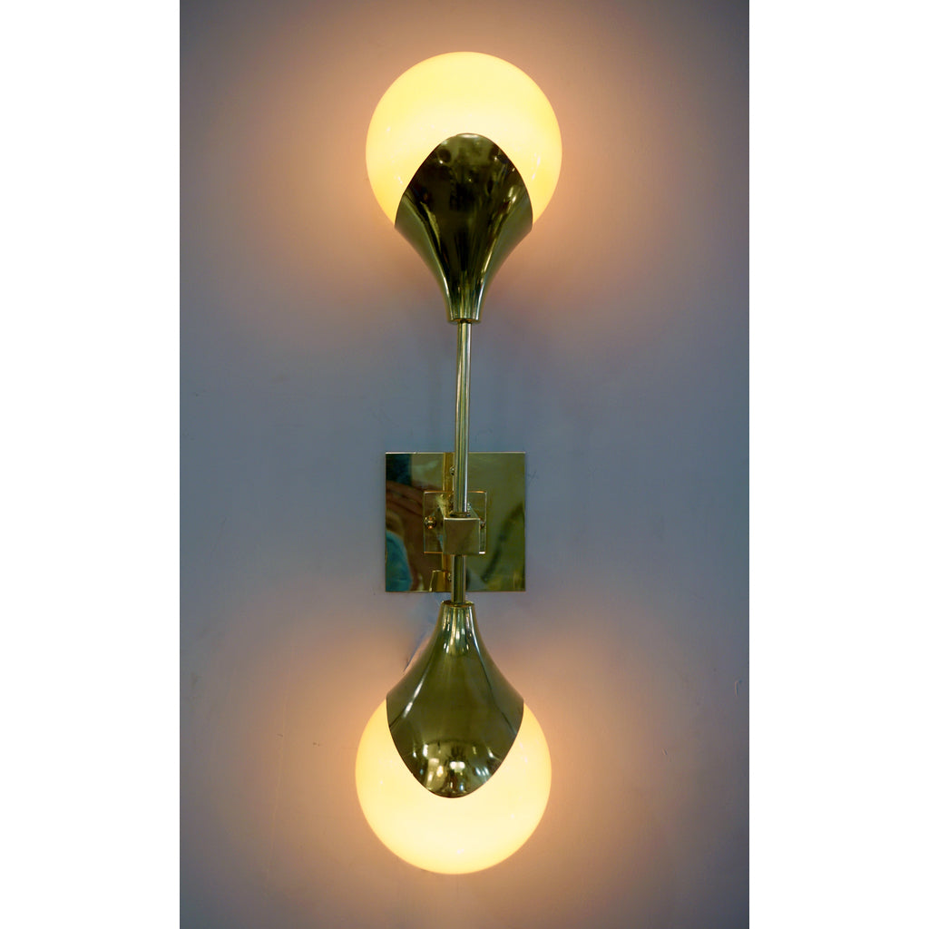Contemporary Italian Pair of Two Globe White Orange Murano Glass Brass Sconces