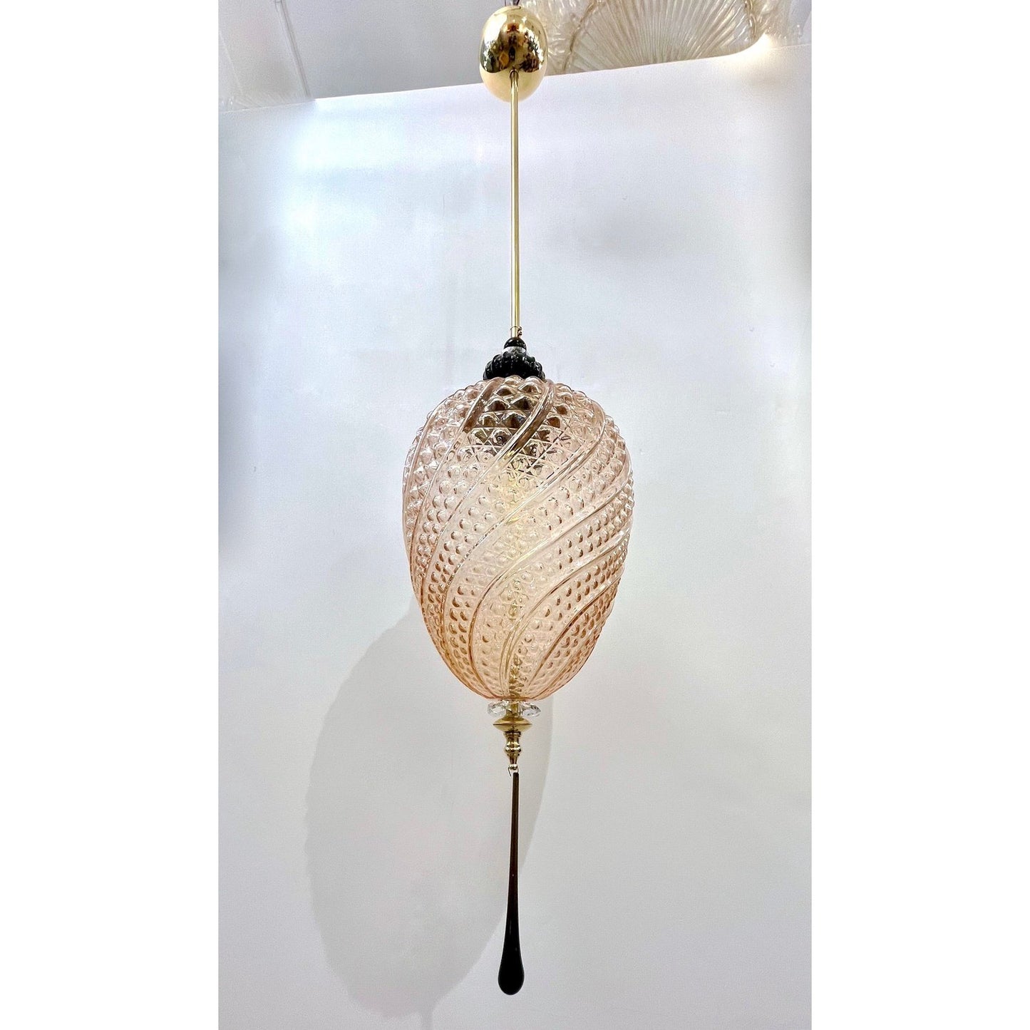 Bespoke Italian Oval Black and Pink Crystal Murano Glass Brass Egg Pendant Light