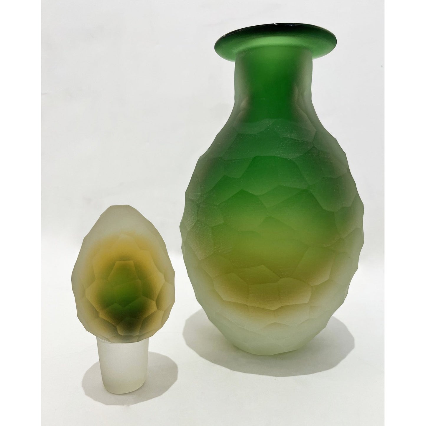 Early 1900s Antique Italian Crystal Green Yellow Layered Murano Glass Bottle