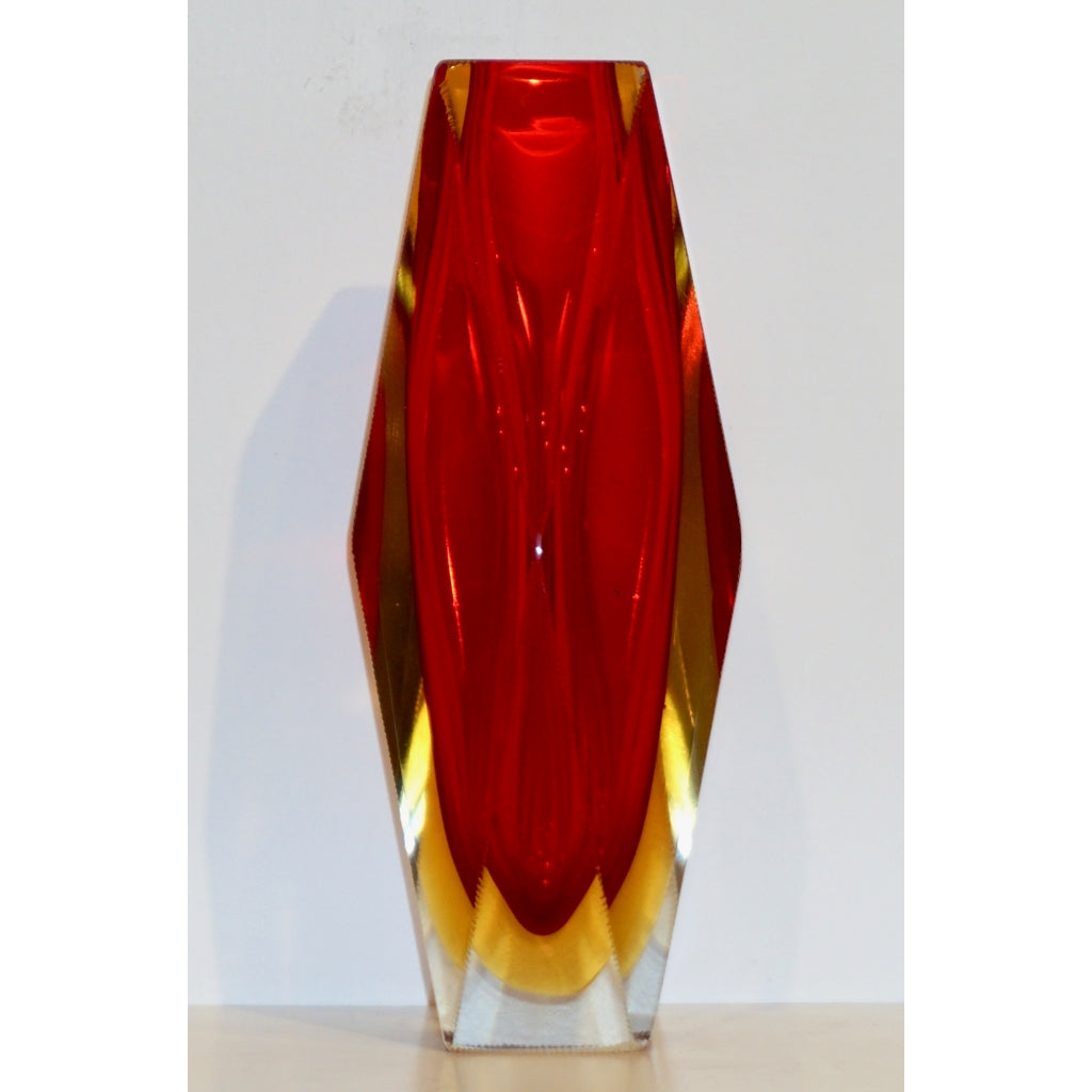 1950s Italian Vintage Seguso Yellow Red Crystal Murano Glass Multi Faceted Vase