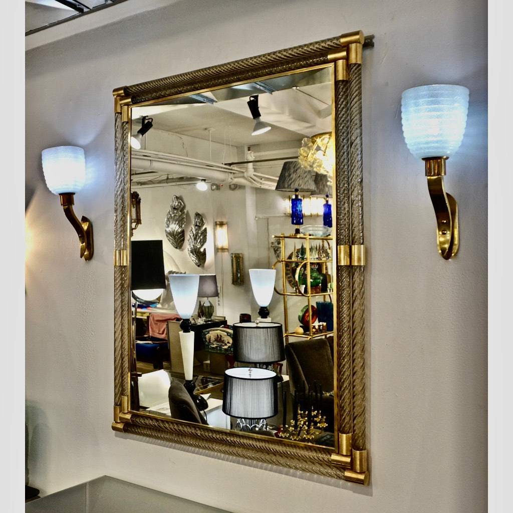 Italian Art Deco Design Twisted Gray Smoked Murano Glass & Gold Brass Mirror