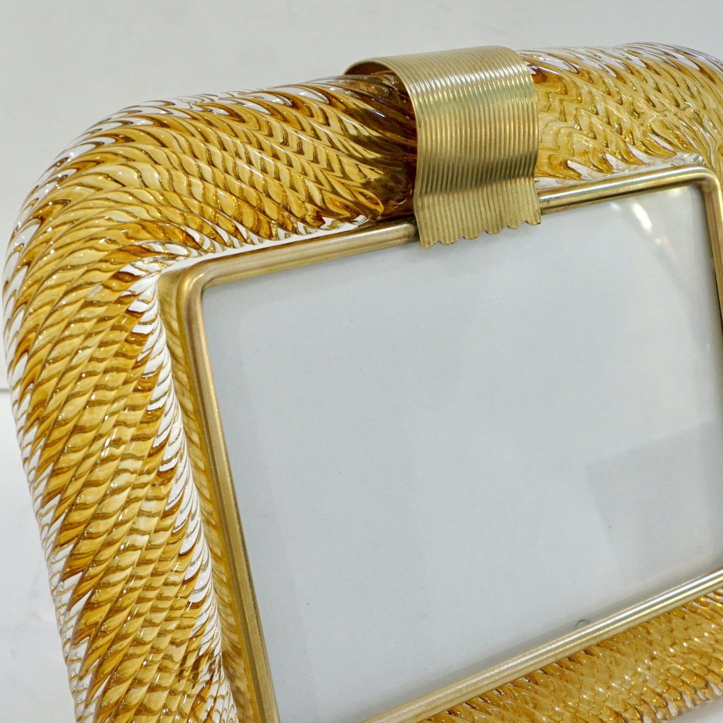 Venini 1980s Italian Vintage Amber Gold Murano Glass and Brass Photo Frame