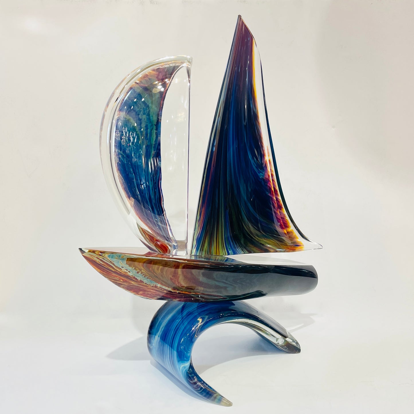 2015 Italian Yellow Blue Brown Crystal Murano Glass Boat Modernist Art Sculpture