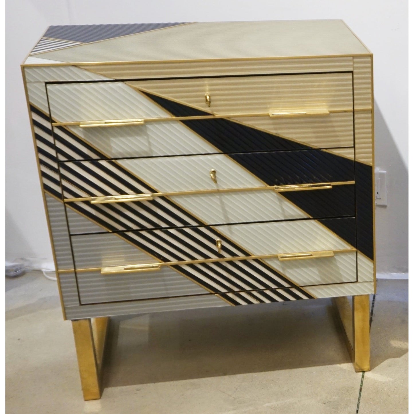 Italian Postmodern Navy Blue Cream Gold Gray Chest/Nightstand on Square Brass Legs