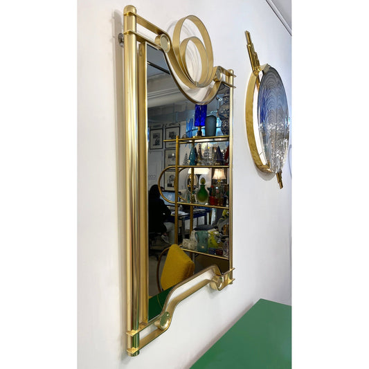 1970, Vintage Italian Modern Curved Satin Brass Wall Mirror Attributed Frigerio