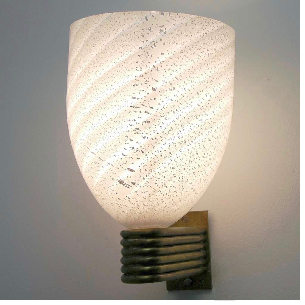 Mazzega 1960s Italian Art Deco Design White and Silver Murano Glass Bowl Sconce