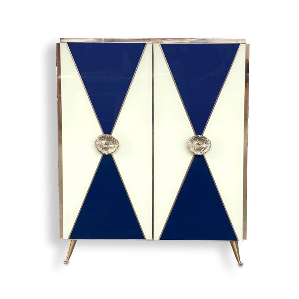 Bespoke Italian Art Design Brass White & Dark Blue Glass 2-Door Highboy Cabinet