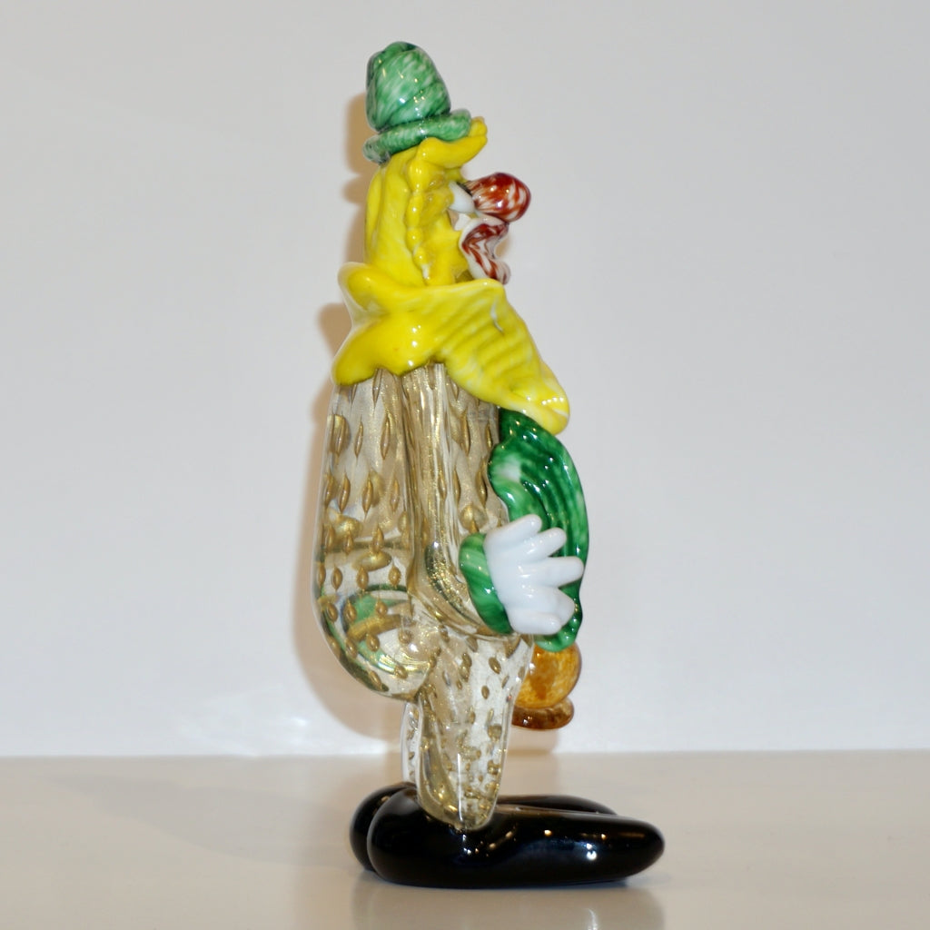 Modern Italian Yellow Black Murano Glass Clown Sculpture with Bottle & Green Tie