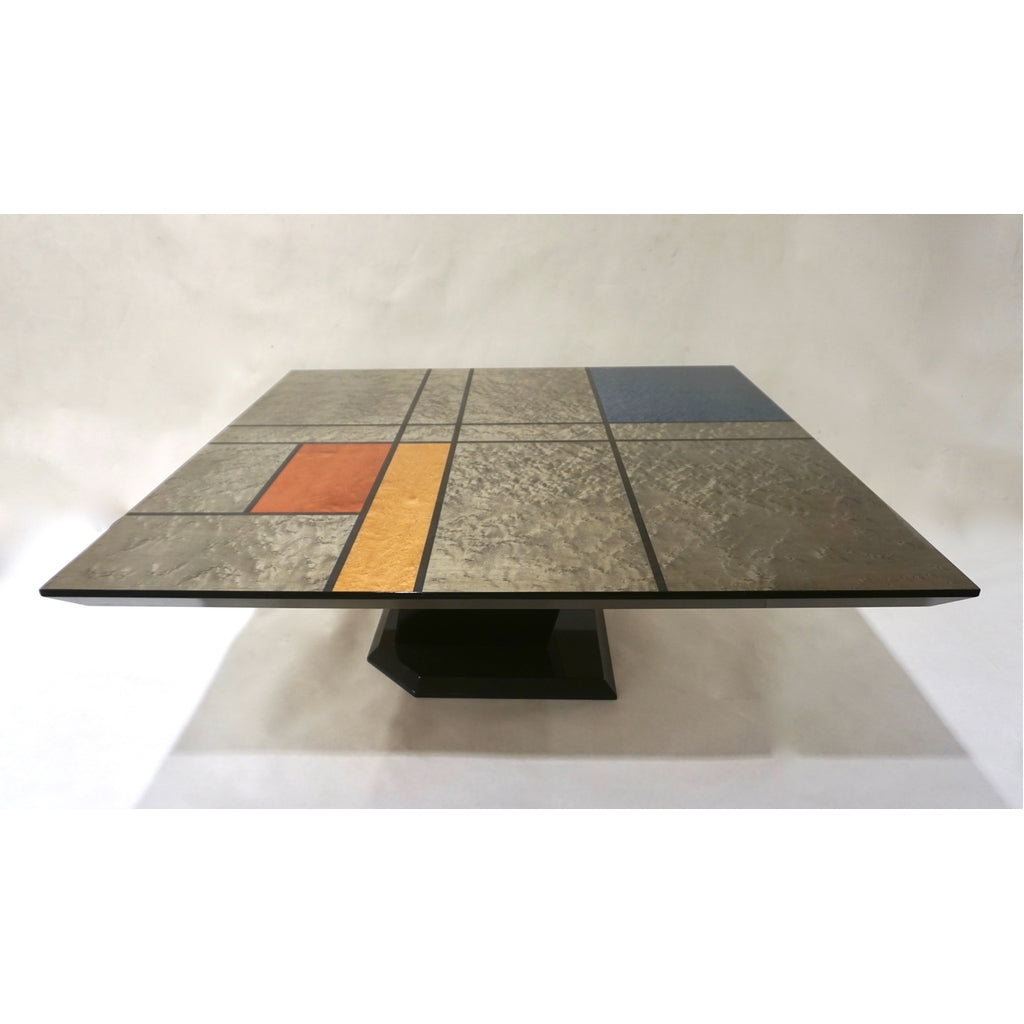 1976 Cattaneo Italian Black Lacquered Silver Grey Mondrian Decor Coffee Table
