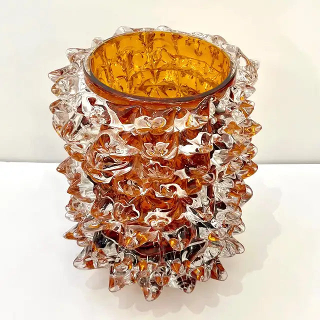 2000s Alberto Dona Italian Amber Gold Crystal Rostrato Murano Glass Modern Vase
