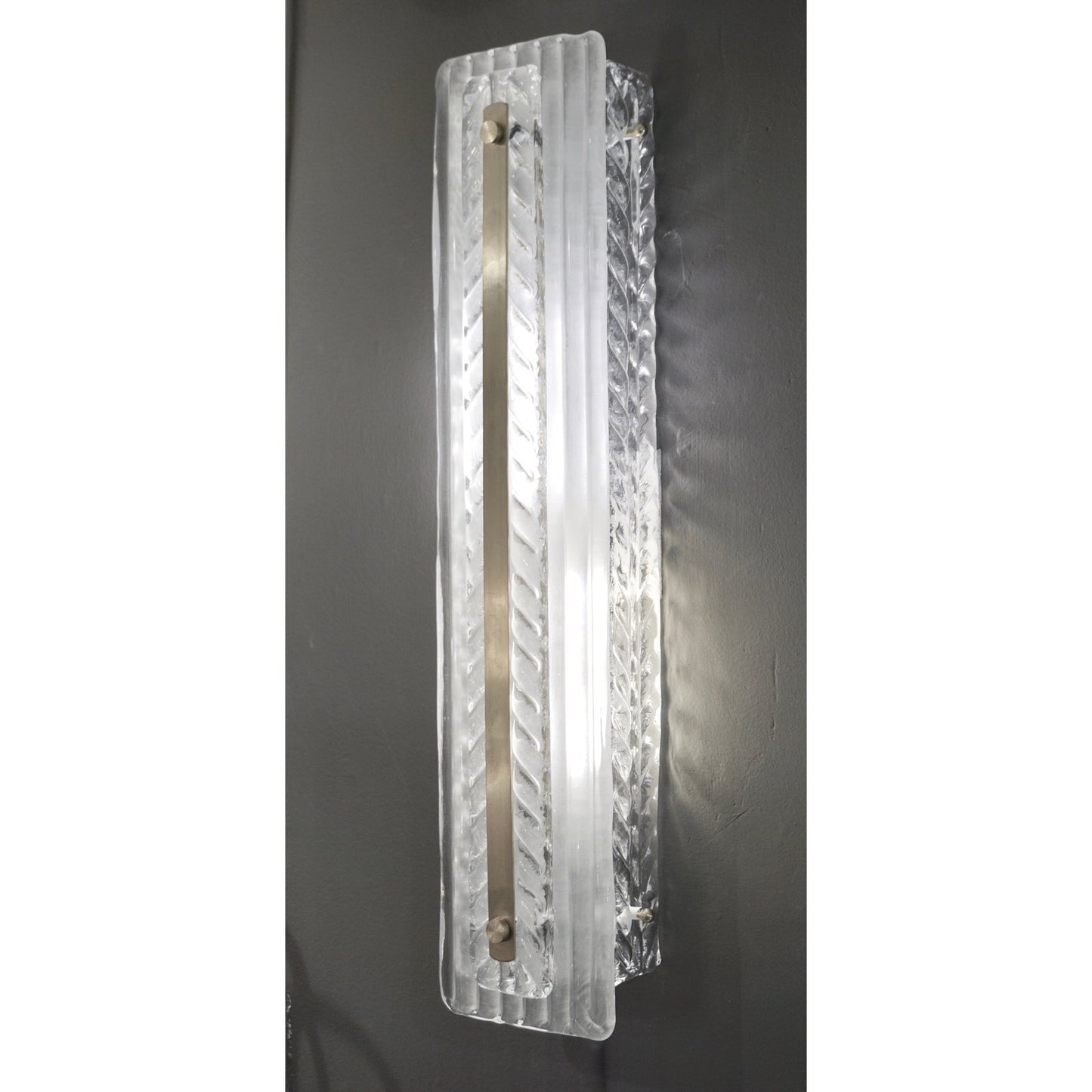 Italian Modern Pair Tall White Crystal Leaf Textured Murano Glass Nickel Sconces