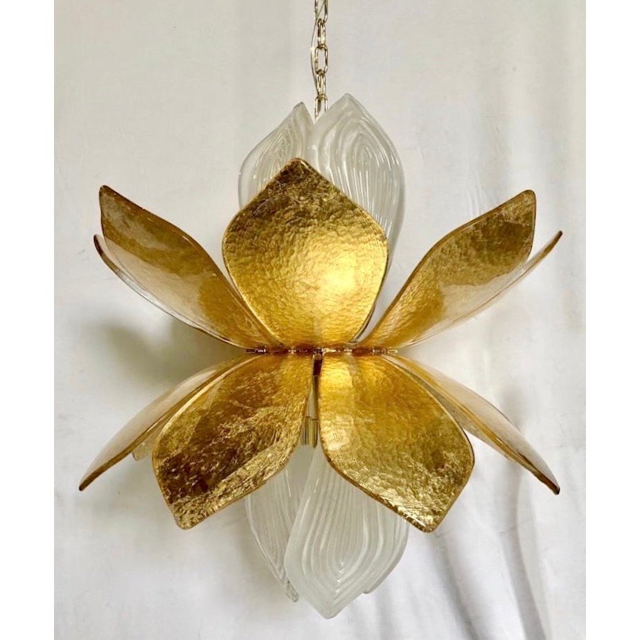 Contemporary Italian Brass Gold Leaf Murano Glass Flower Chandelier Pendant