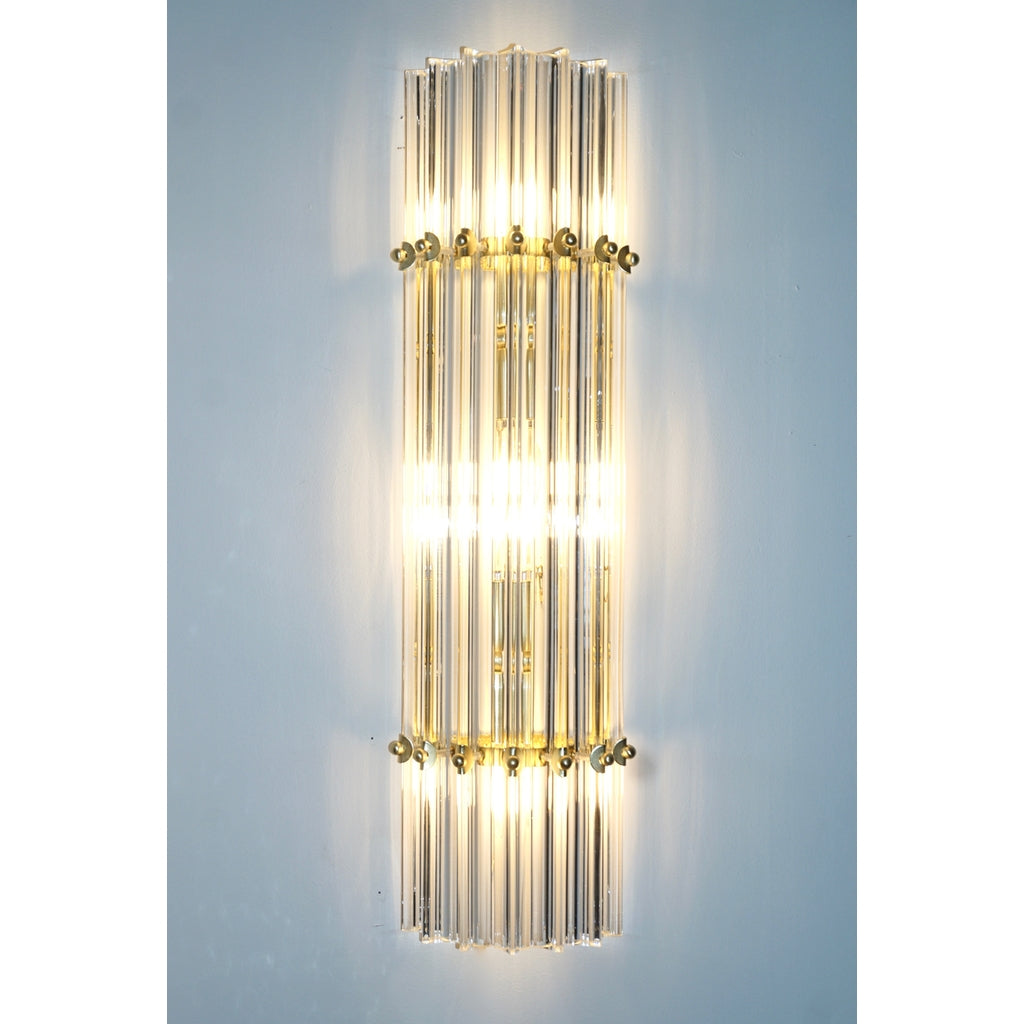 Italian Contemporary Minimalist Pair of Satin Brass Crystal Murano Glass Sconces