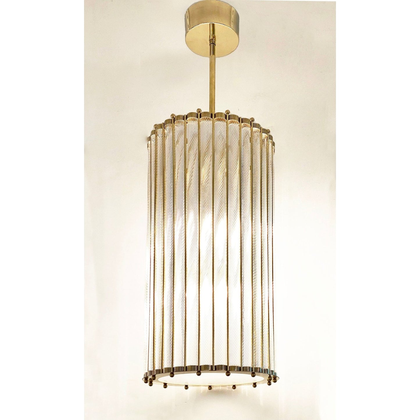 Italian Tall Crystal Twisted Murano Glass Brass Lantern Pendant / Chandelier