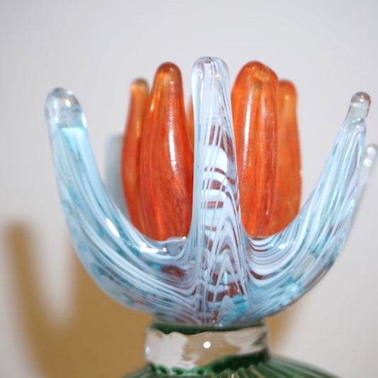 1990s Marta Marzotto Vintage Murano Glass Green Cactus Plant & Blue Coral Flower