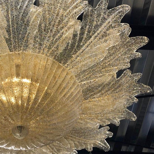Contemporary Italian Custom Amber Textured Murano Glass Flower Flush Mount
