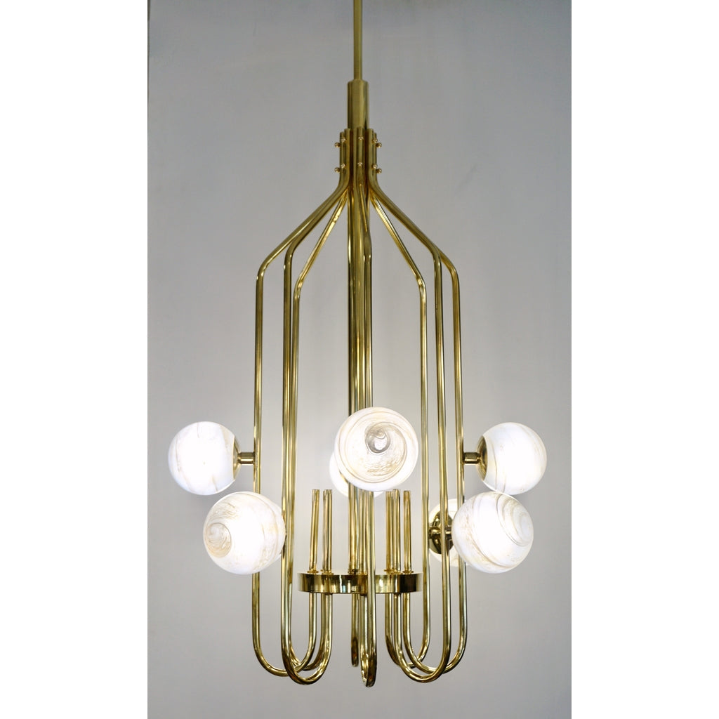 Bespoke Italian Alabaster White Murano Glass Brass Curved Globe Chandelier