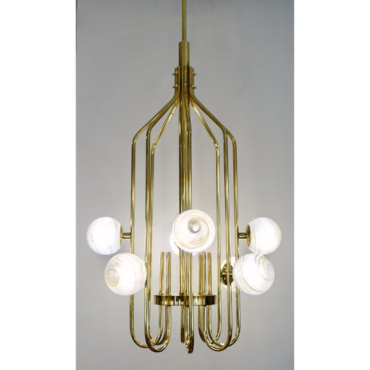 Bespoke Italian Alabaster White Murano Glass Brass Curved Globe Chandelier