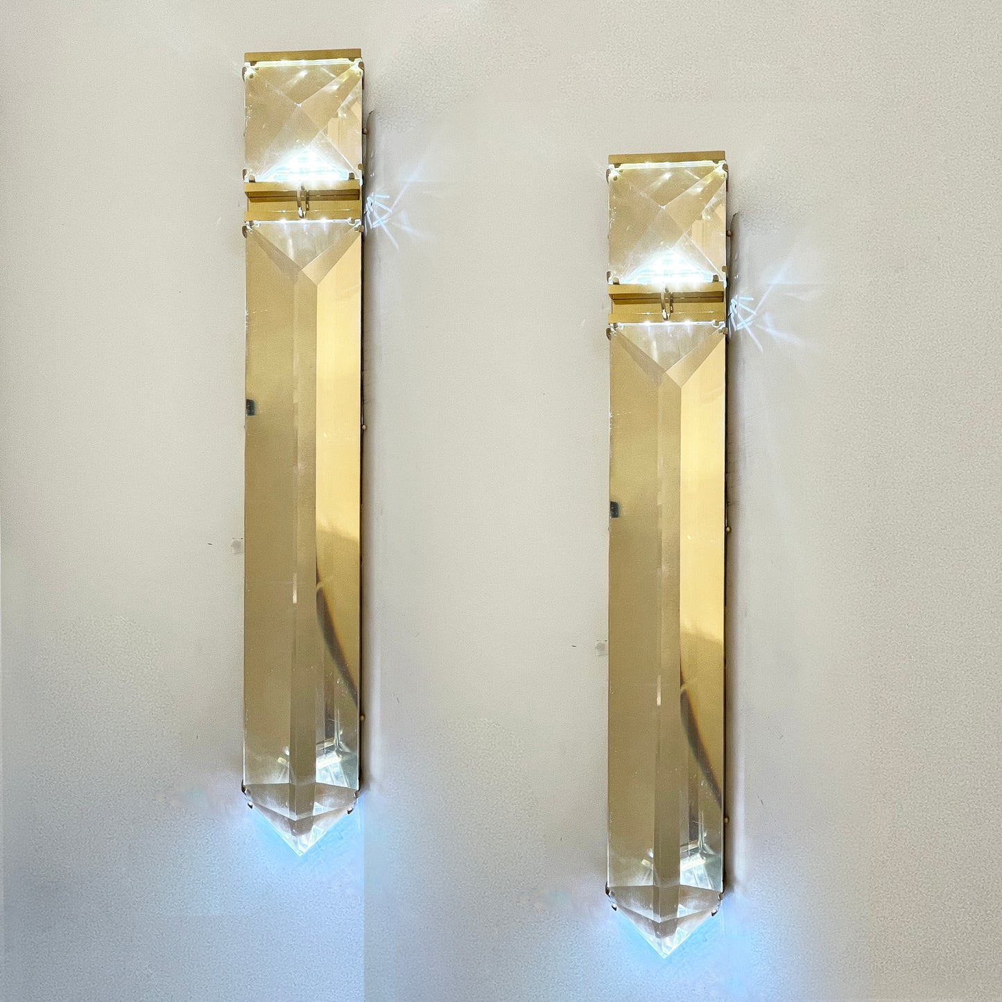 Italian Hollywood Regency Sculptural Crystal Lucite Decorative Tall Wall Lights