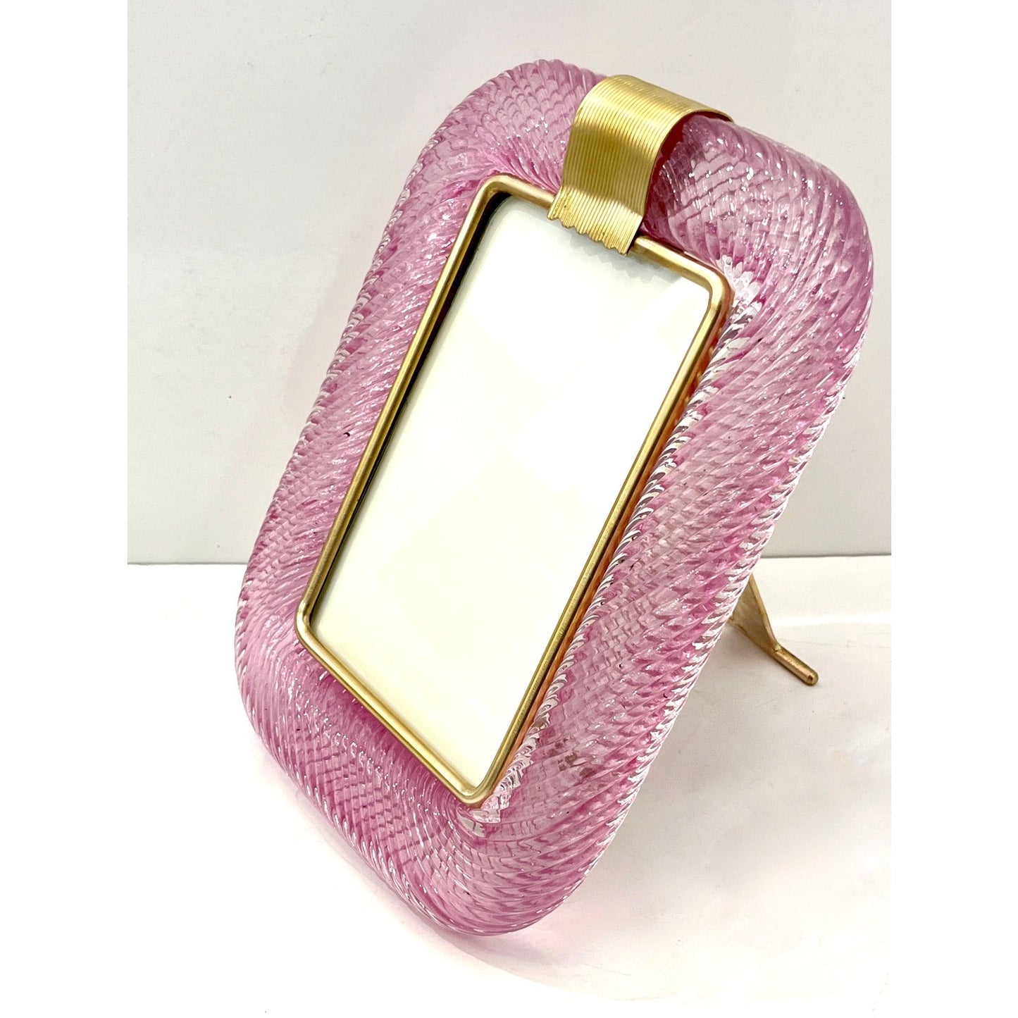 2000 Barovier Toso Italian Pink Crystal Twisted Murano Glass Brass Picture Frame