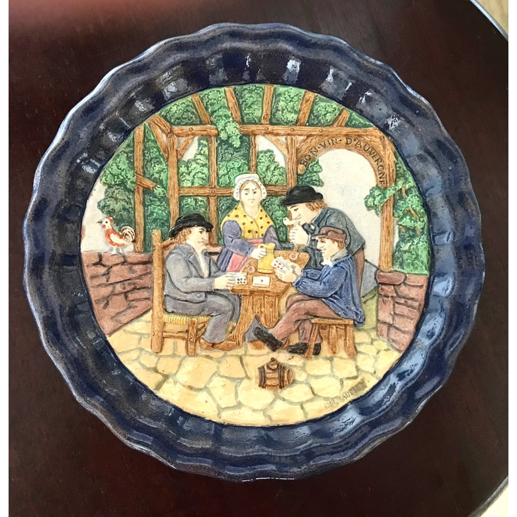 1880 French Country Pair of Navy Blue Edged Folk Art Majolica Decorative Plates