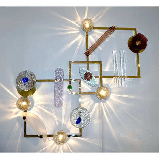Bespoke Italian Brass Lit Wall Art with Blue Pink Purple Glass Floral Accents