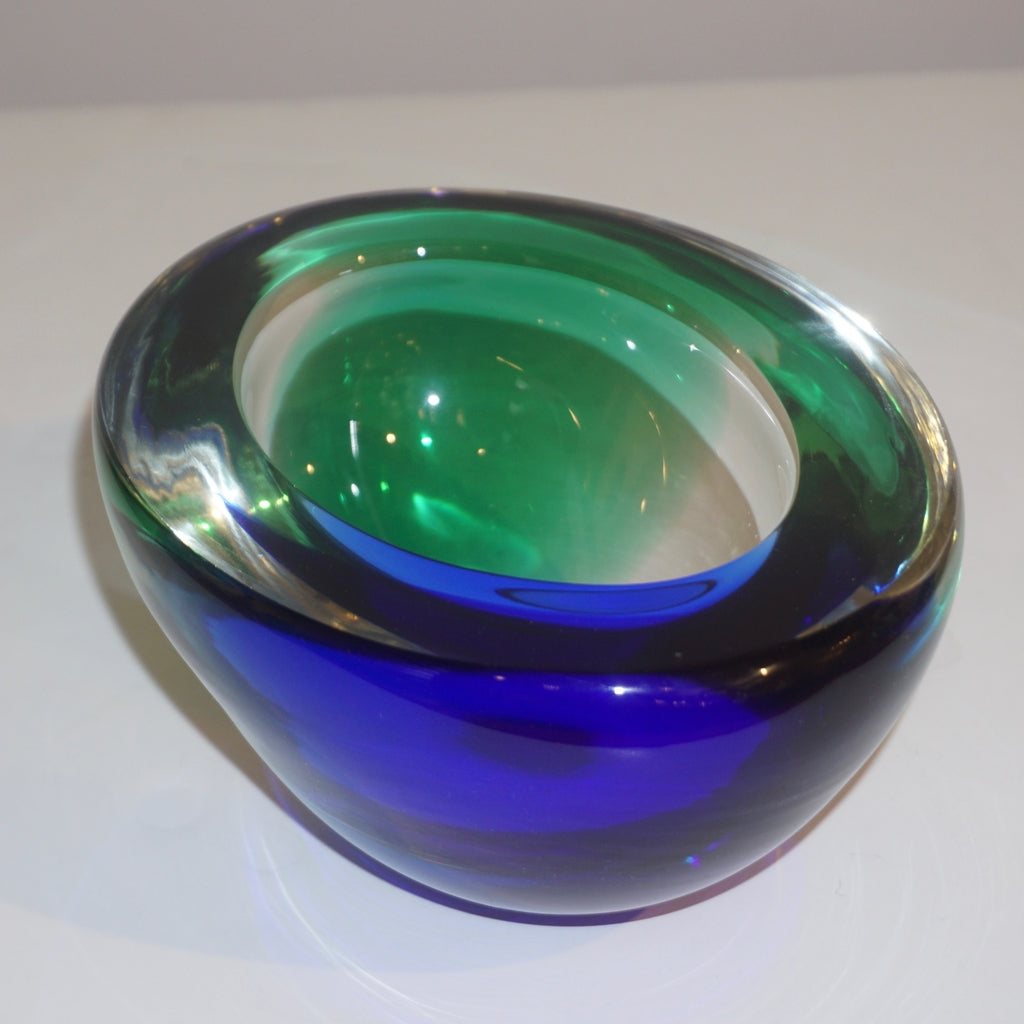 Venini 1970s Italian Murano Glass Geometric Oval Blue Green Murano Glass Bowl
