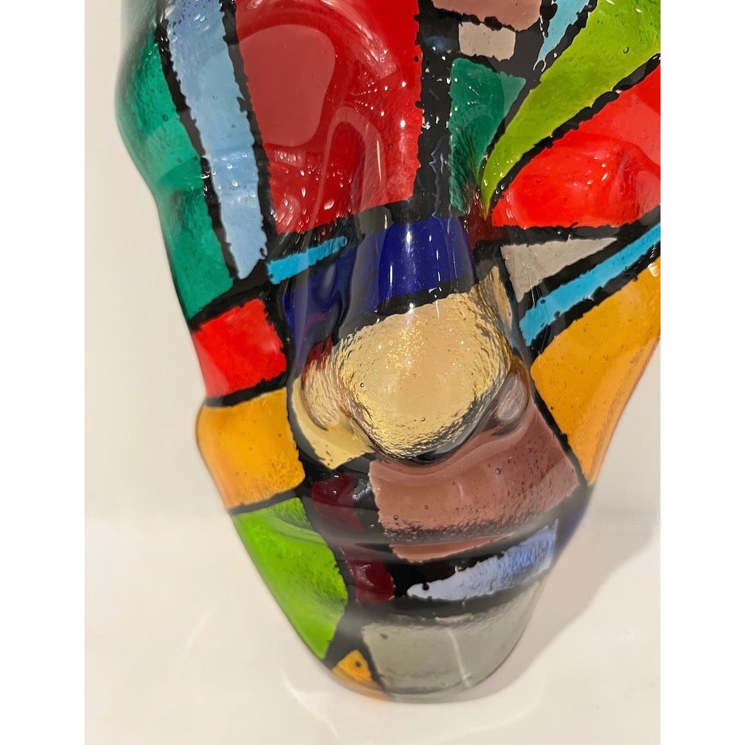 Bespoke Italian Mondrian Style Blue Green Red Black Murano Glass Mask Sculpture