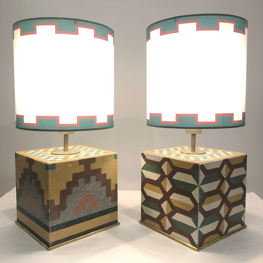 Vintage Pair of Italian Mosaic Cement Tile Cube Lamps with Custom Shades