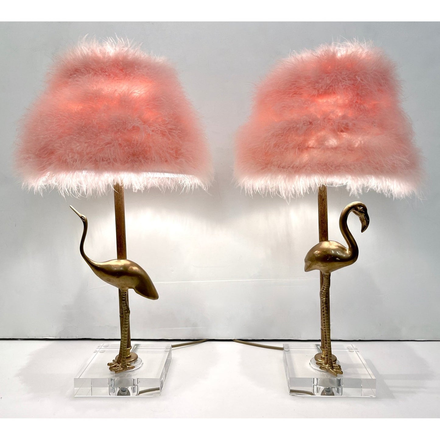 1970 Italian Vintage Pair of Brass Lucite Bamboo Table Lamps & Pink Fur Shades