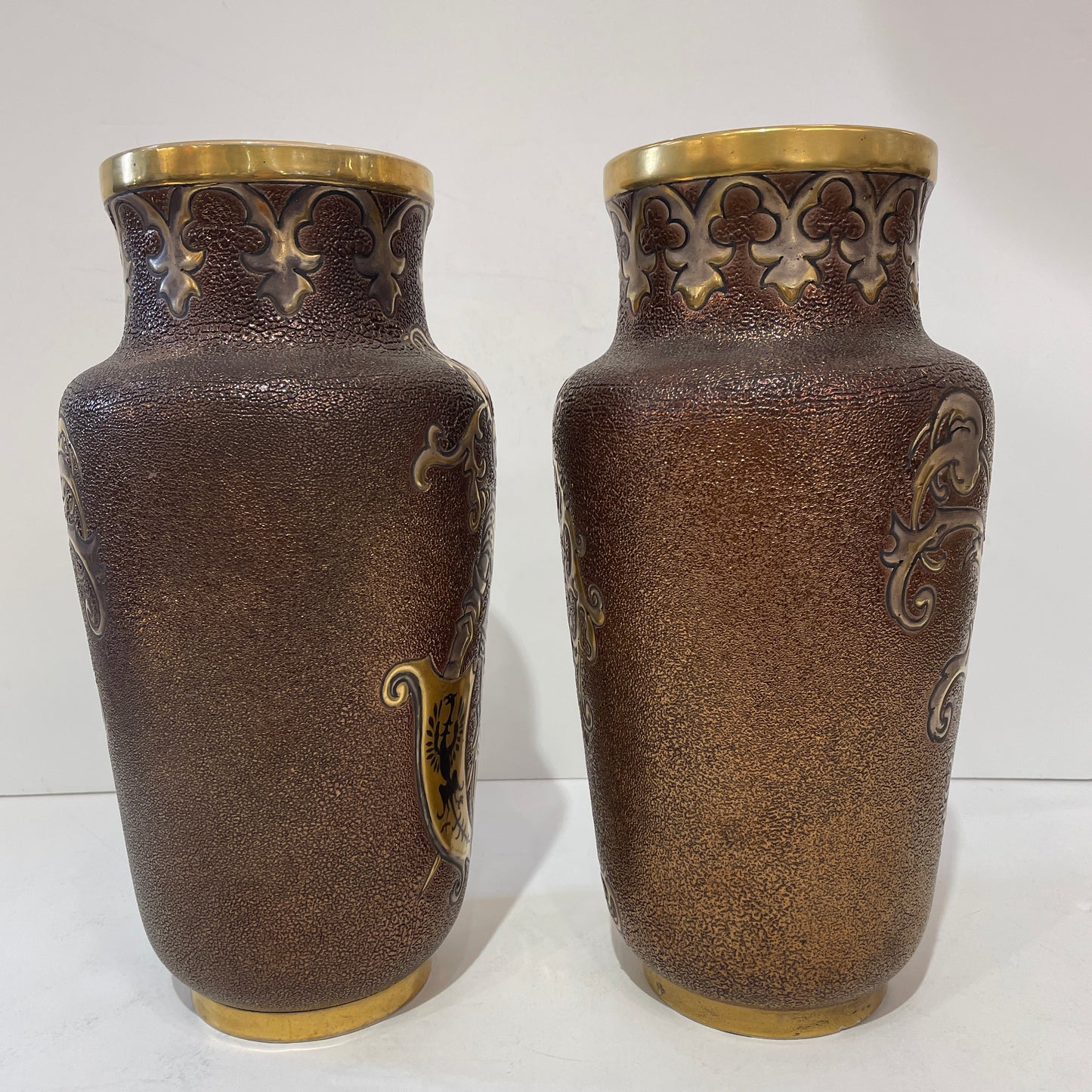 1880 Gien French Faience Pair Majolica Gold & Brown Vases with Armored Knights